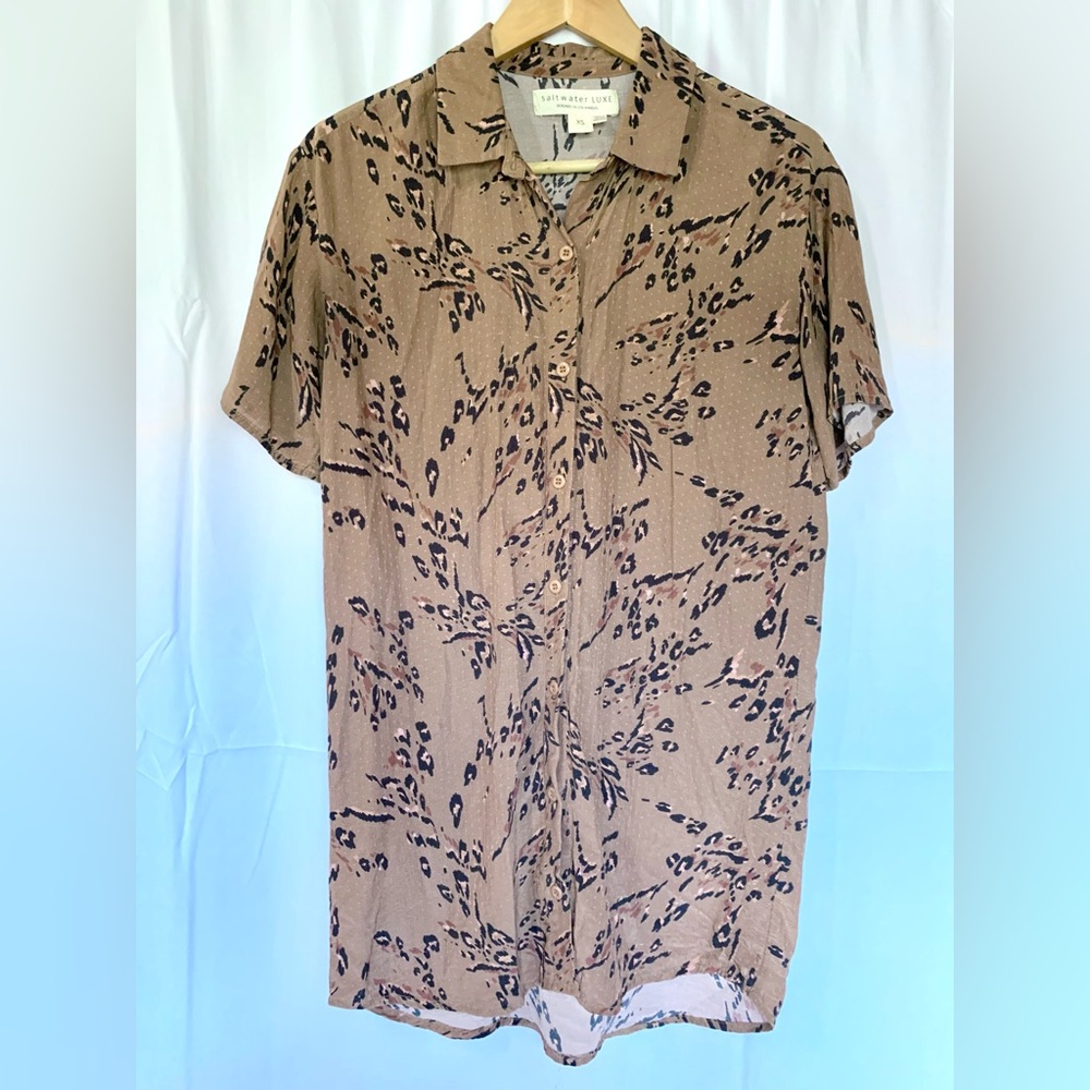 Saltwater LUXE Tan Leopard Print Casual Button Up Shirt 90’s Lagenlook Layering